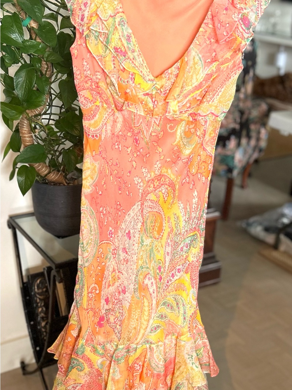 Ralph Lauren Coral & Yellow Paisley Ruffle Maxi Dress. Beautiful flow